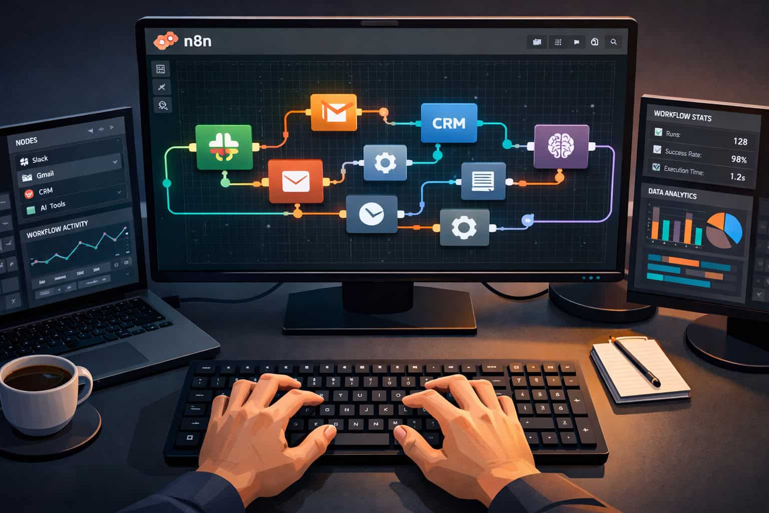 Wide-angle overhead view of a modern business operations dashboard on multiple monitors showing n8n workflow canvas with