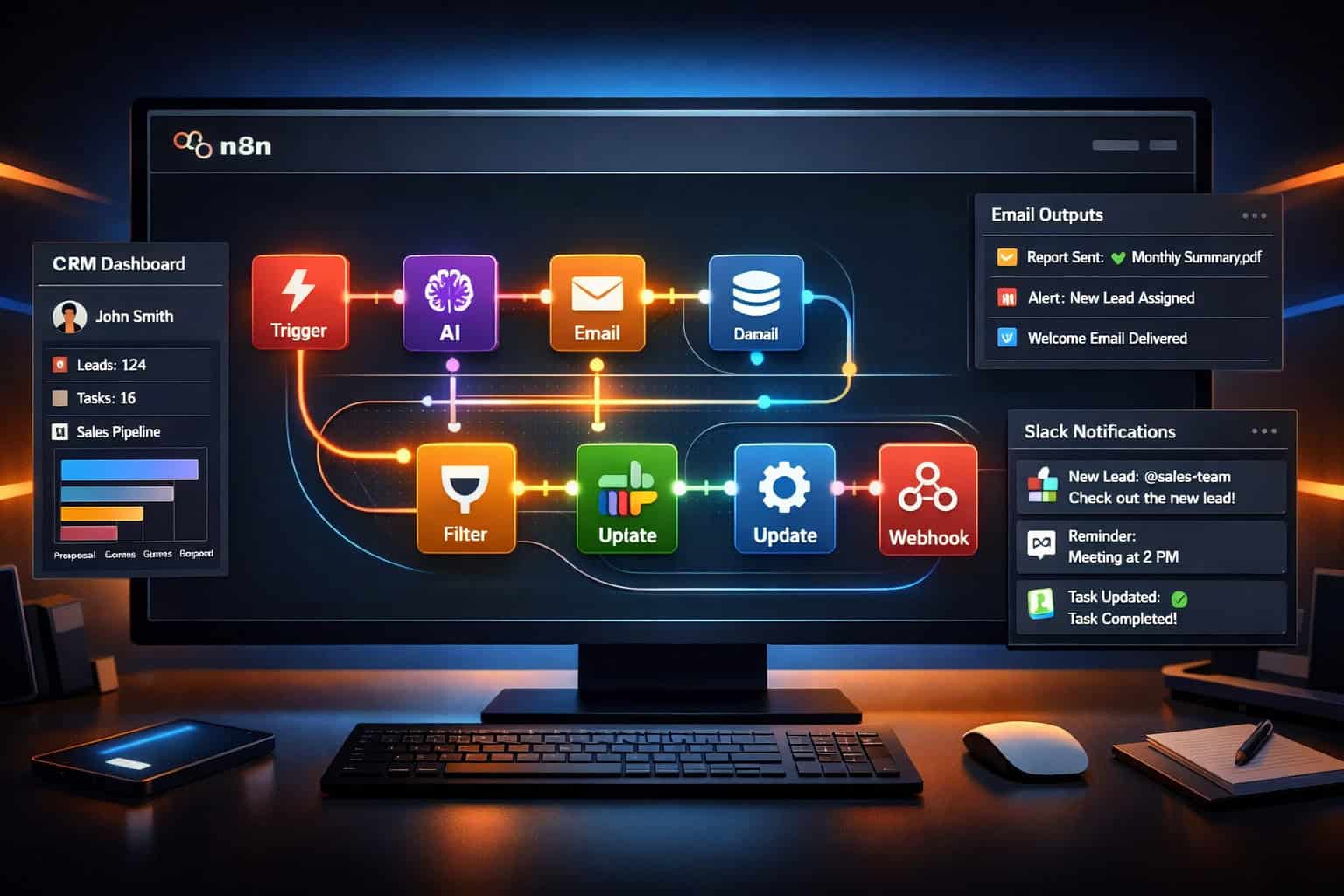 Wide-angle overhead view of a modern digital workspace showing a glowing n8n workflow canvas on a large monitor, with
