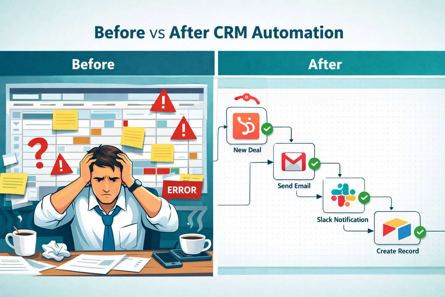 Wide () showing a split-screen infographic: left side displays a cluttered manual CRM spreadsheet with red warning icons and
