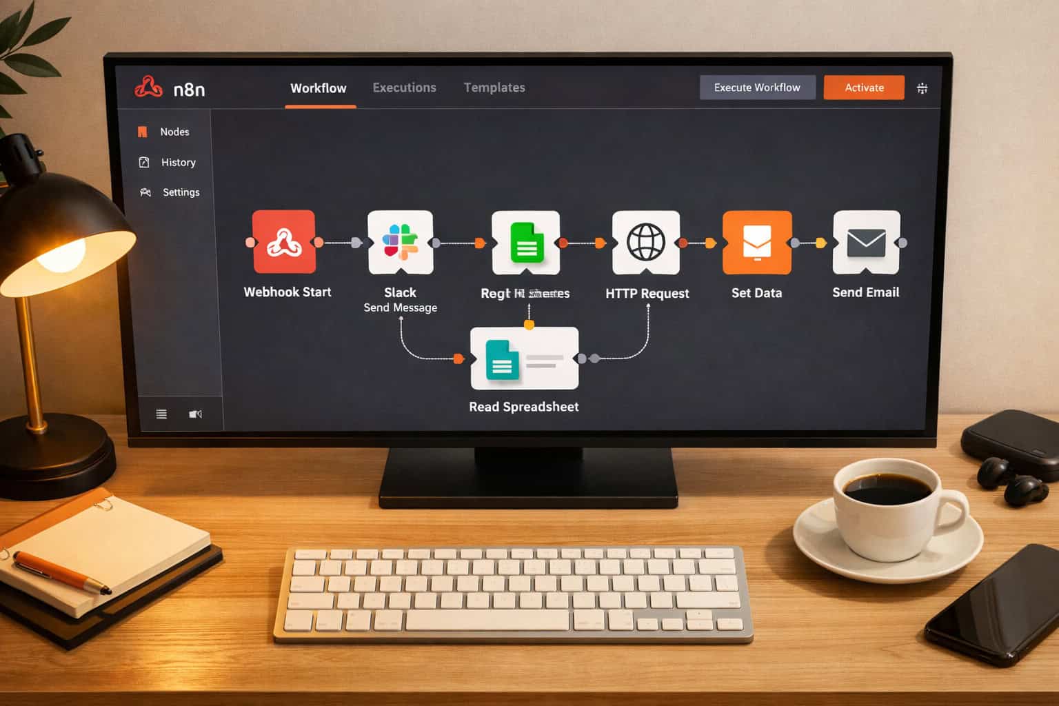 Wide () showing an overhead flat-lay of a developer's desk with a large monitor displaying the n8n workflow canvas interface