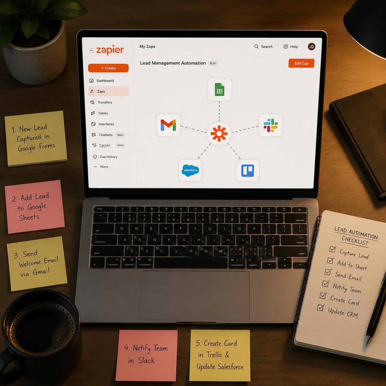 () bird's-eye view of a modern office desk showing a laptop screen with Zapier dashboard open, displaying a workflow