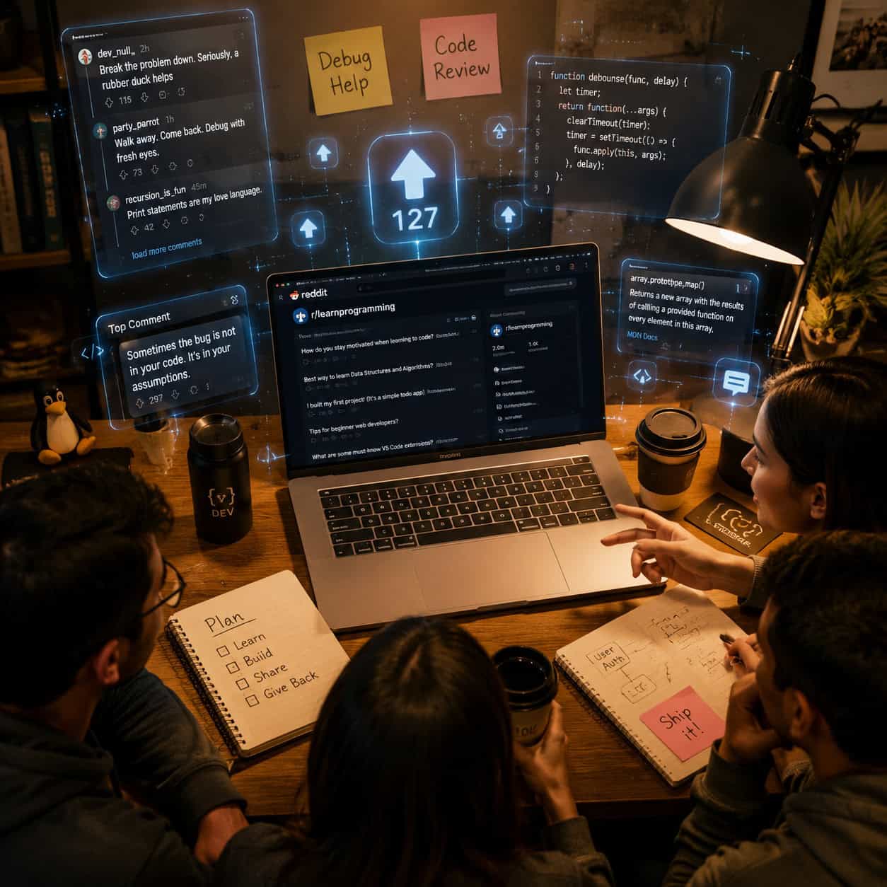 () bird's-eye view photograph of a developer community meetup scene blended with digital elements. A physical desk with