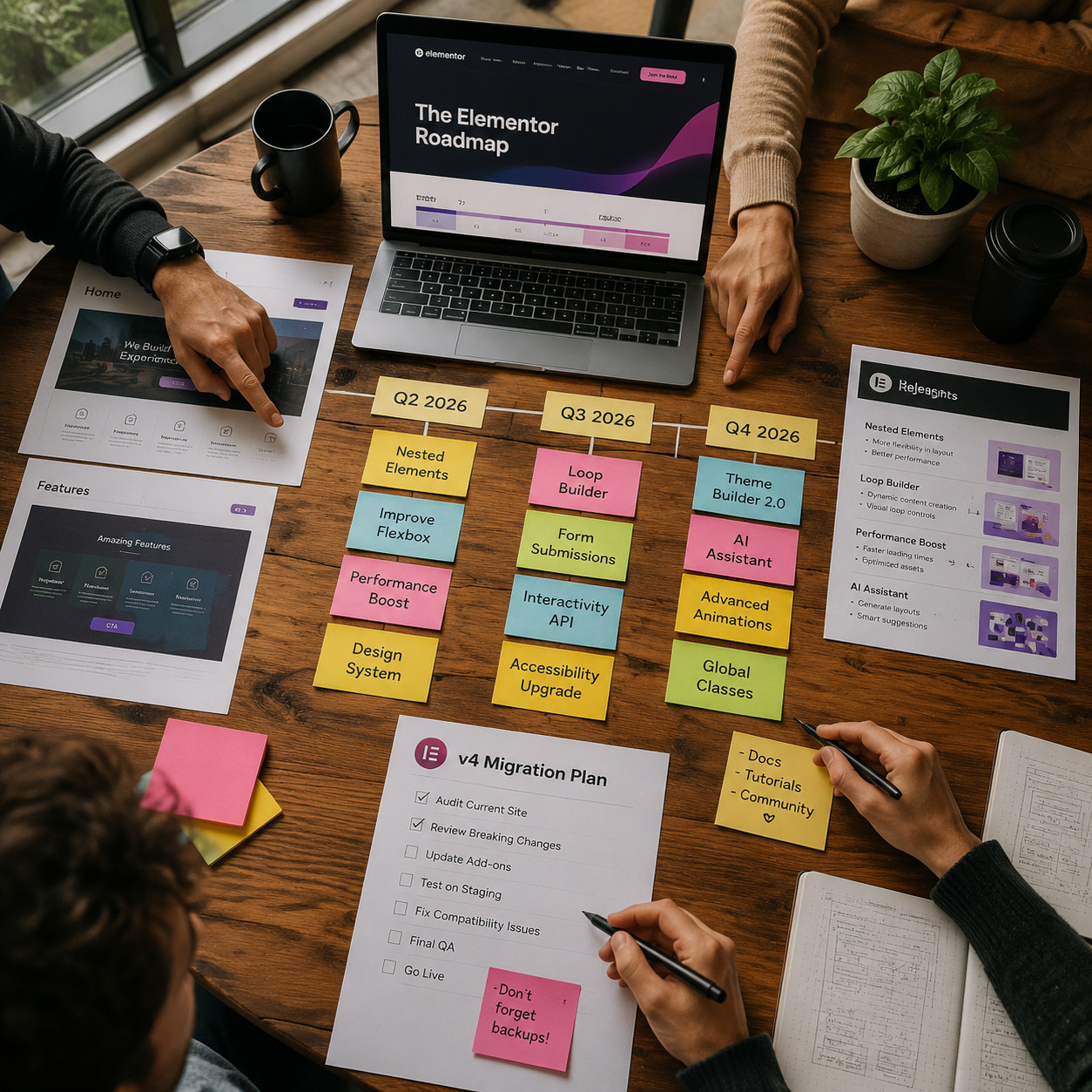 () bird's-eye view photograph of a strategy planning session on a large wooden table. Printed website mockups, a laptop
