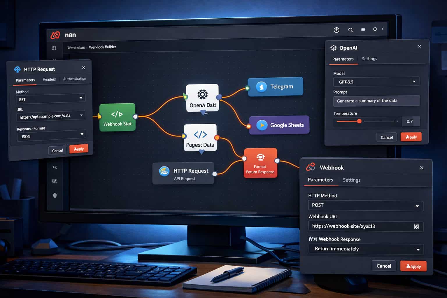 () close-up bird's-eye view of an n8n workflow builder canvas on a dark-themed monitor, showing a multi-step workflow with