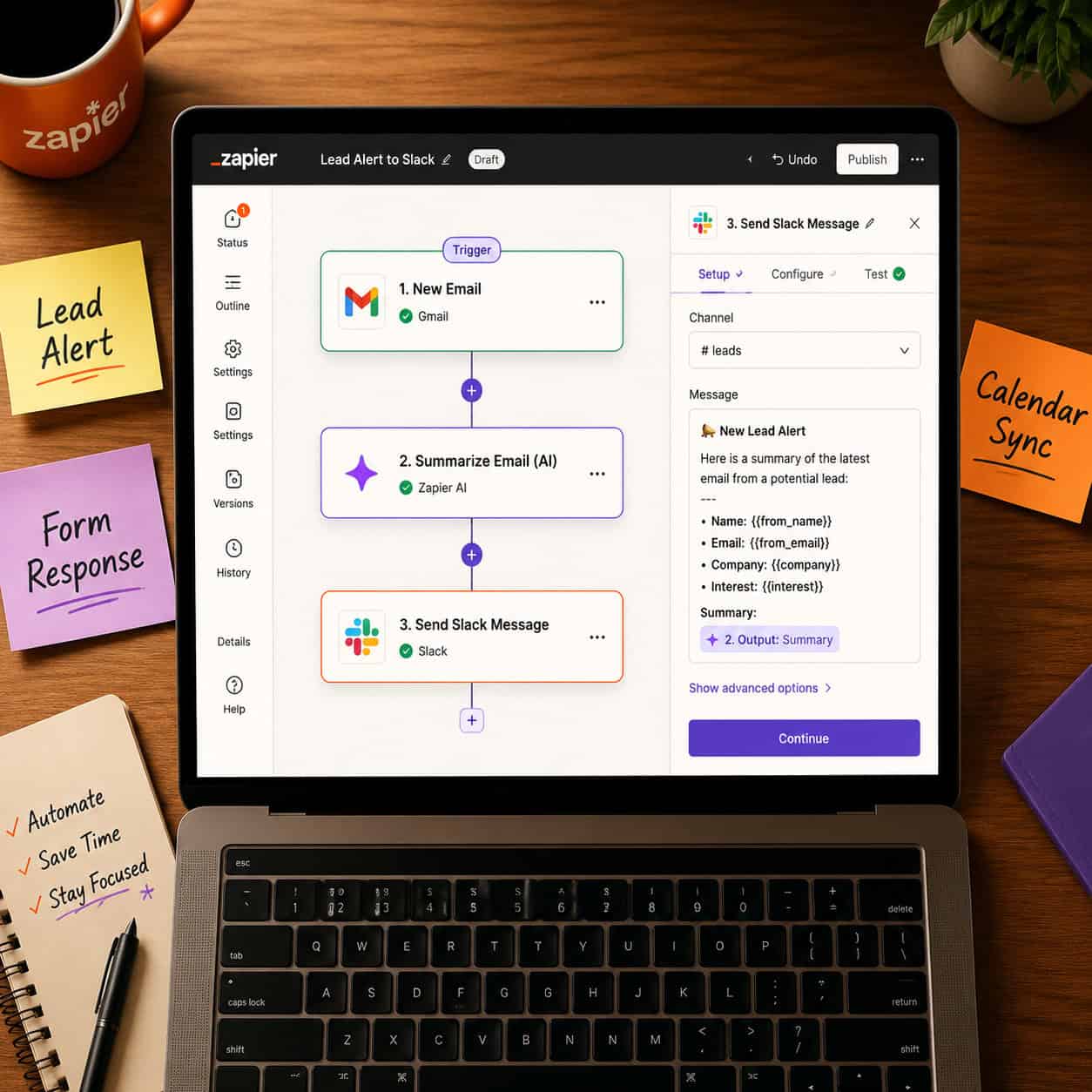 () close-up flat-lay style image of a laptop screen displaying a Zapier Zap editor interface with a Slack notification panel