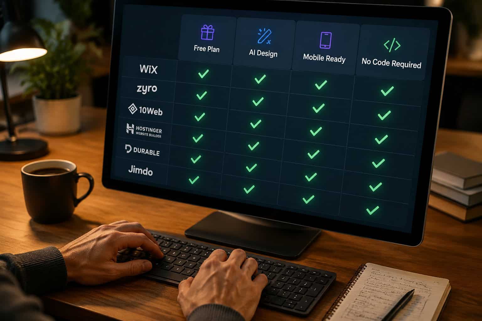 () close-up overhead shot of a designer's hands on a keyboard with a large monitor showing a side-by-side comparison table