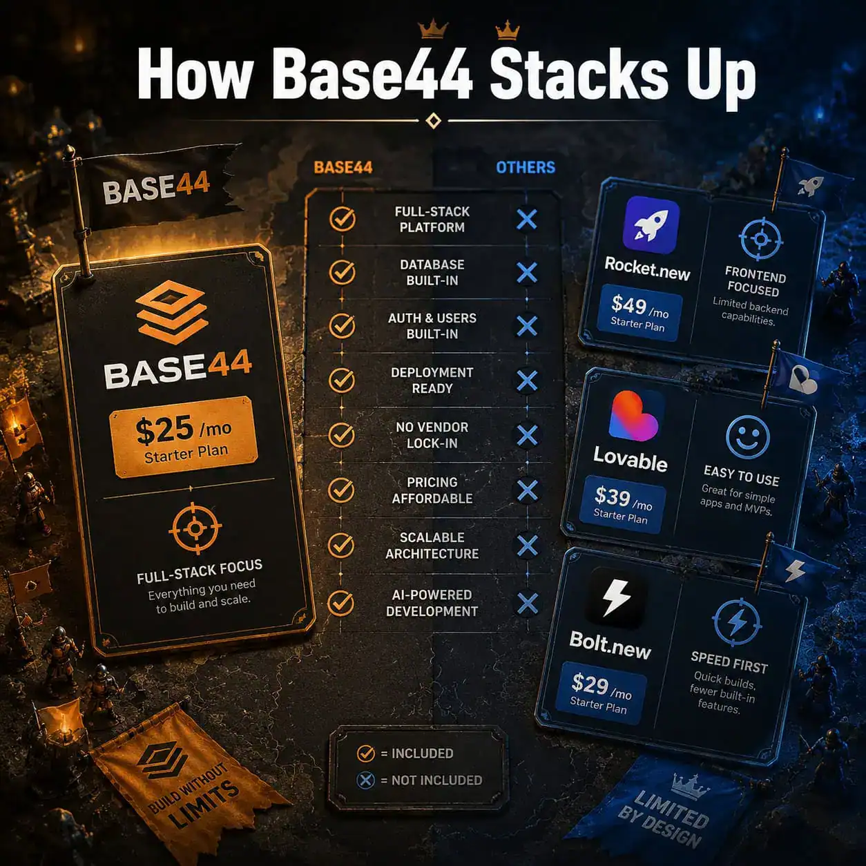 () comparison battlefield scene showing Base44 logo on one side versus competitor logos (Rocket.new, Lovable, Bolt.new) on