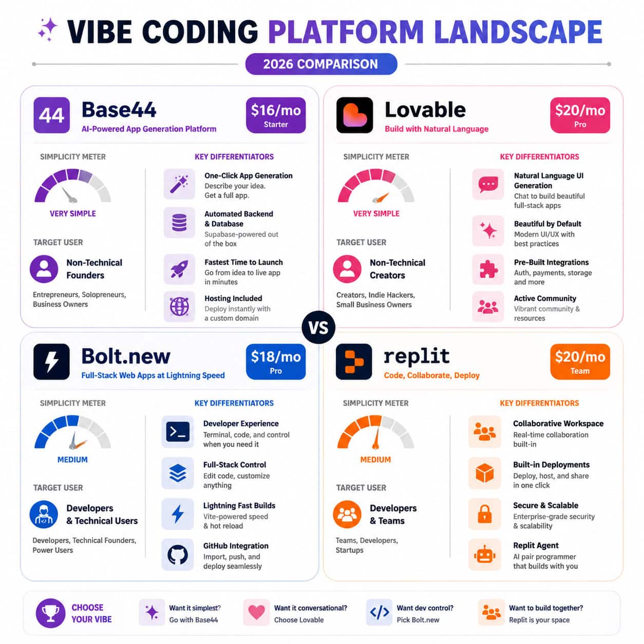 () comparison infographic showing vibe coding platform landscape in 2026. Split into quadrants showing Base44, Lovable,