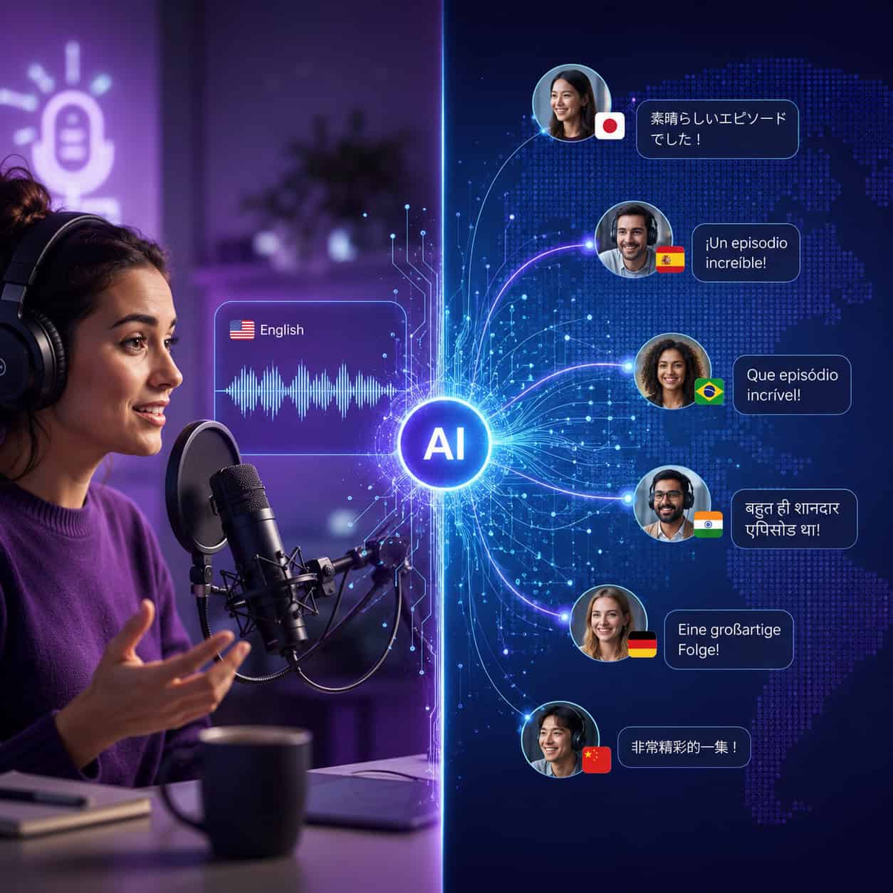 () comparison scene showing a split-screen concept: on the left side, a podcaster recording into a professional microphone