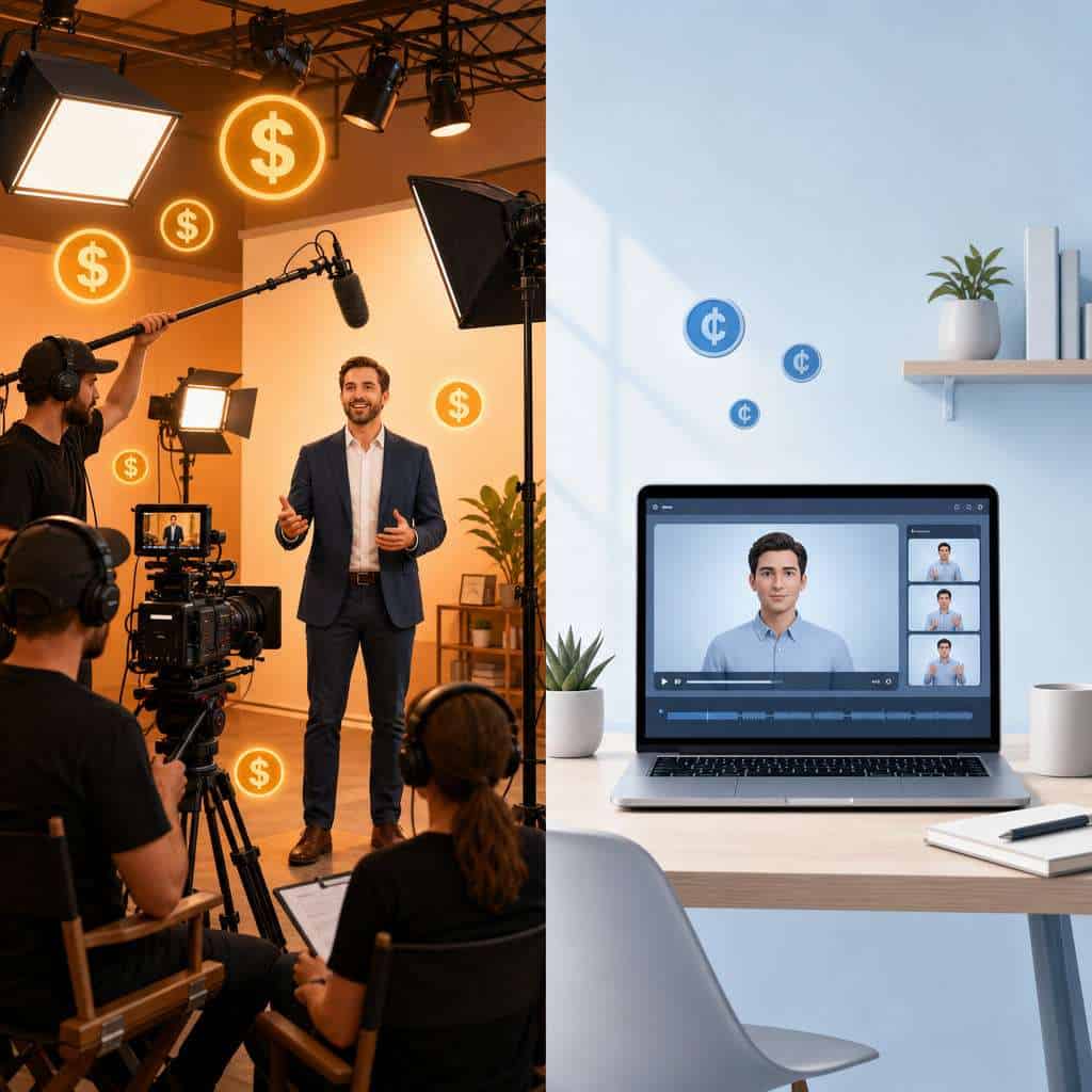 () comparison scene showing split screen: left half depicts a traditional video production studio with camera crew, lighting