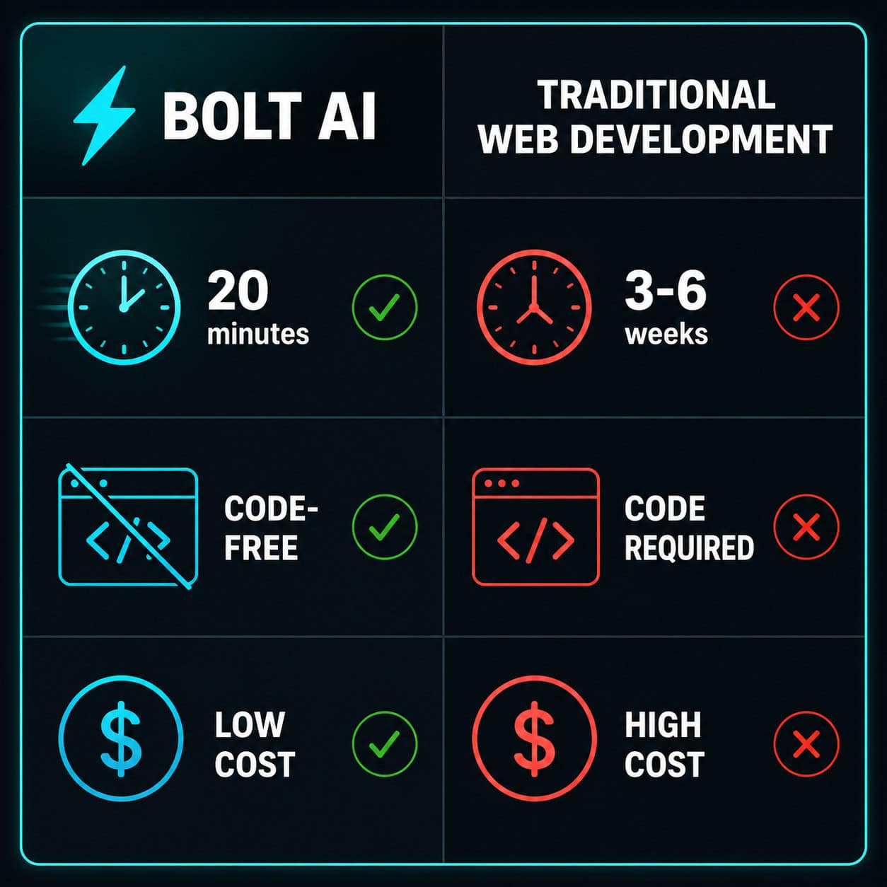 () comparison table visual rendered as a stylized digital card grid showing Bolt AI versus traditional web development: left