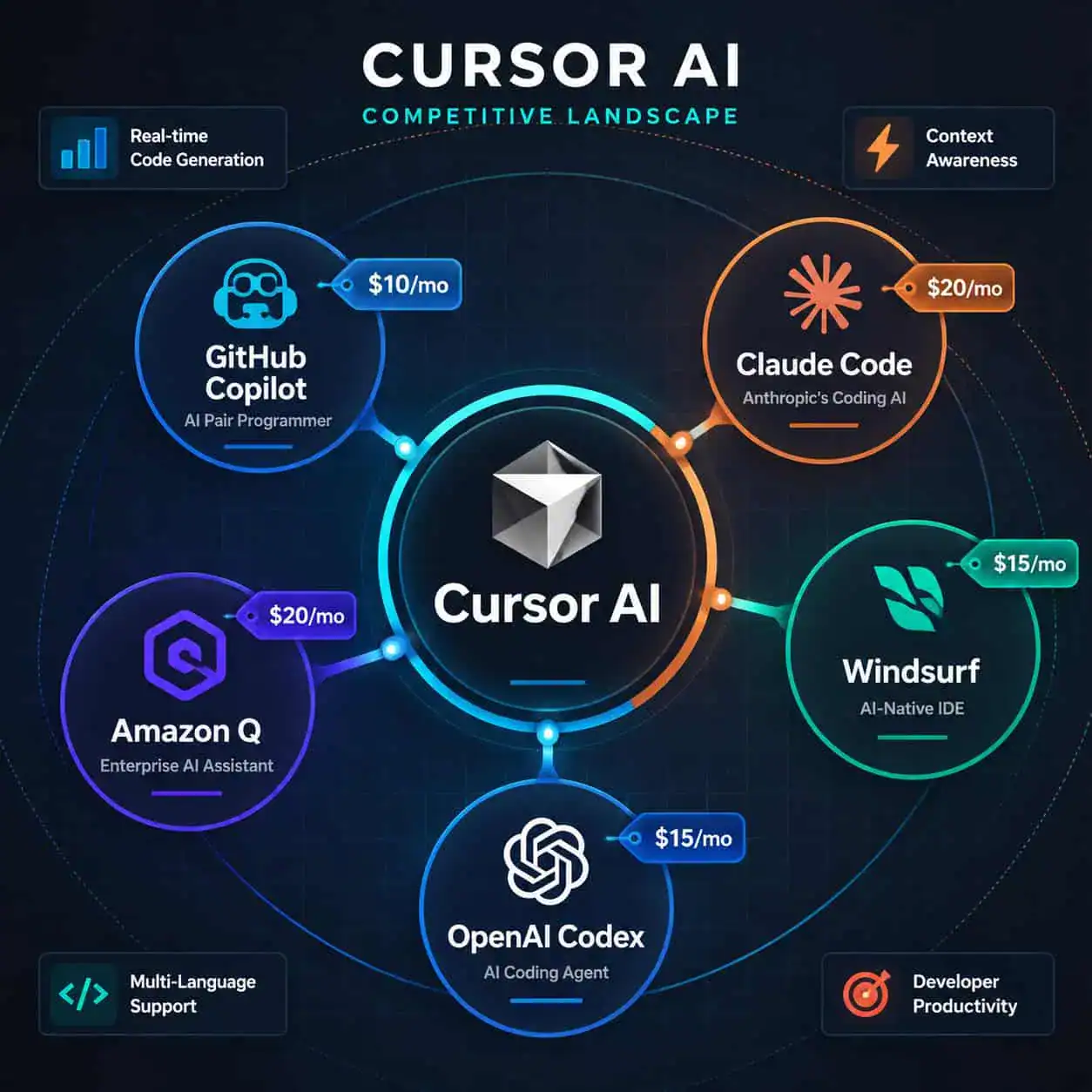 () comparison visualization showing Cursor AI competitive landscape as a circular hub-and-spoke diagram. Center hub labeled