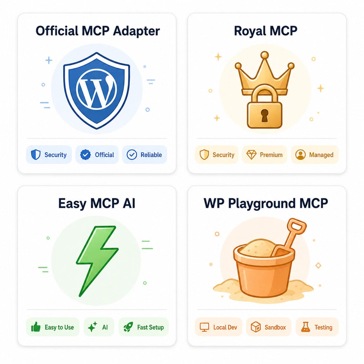 () comparison visualization showing four WordPress MCP server plugin options arranged as product cards on a clean white