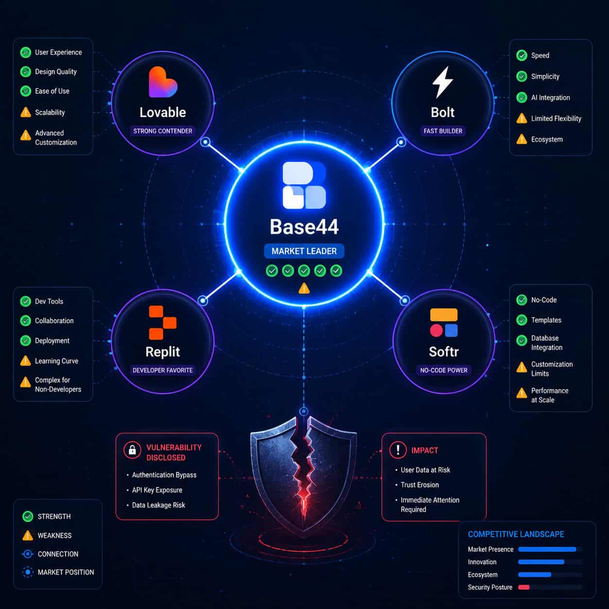 () competitive landscape comparison visual showing Base44 positioned among competitors Lovable, Bolt, Replit, and Softr as