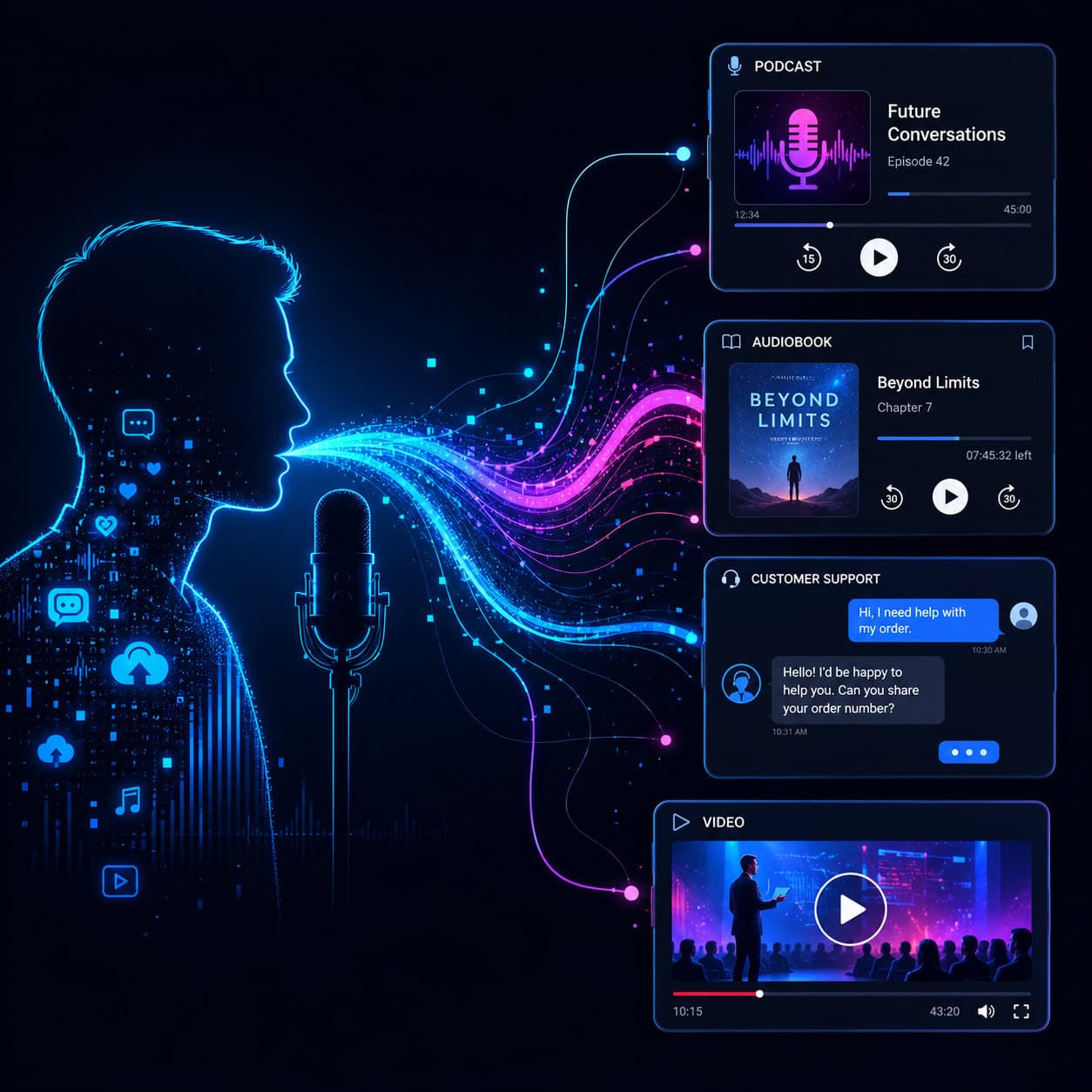 () conceptual digital art showing a human silhouette speaking into a microphone on the left, with the voice transforming