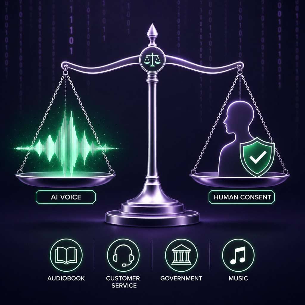 () conceptual digital illustration showing a balanced scale of justice with a glowing AI voice waveform on one side and a