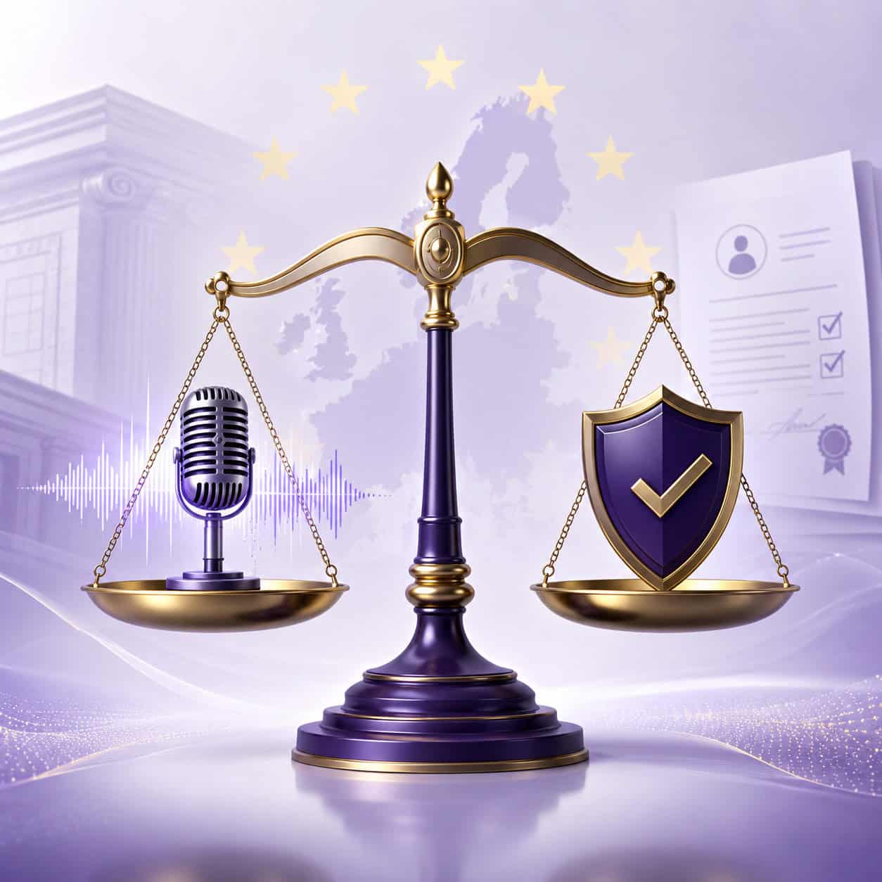 () conceptual illustration about ethical and legal dimensions of voice cloning: a balanced scale of justice in the center,