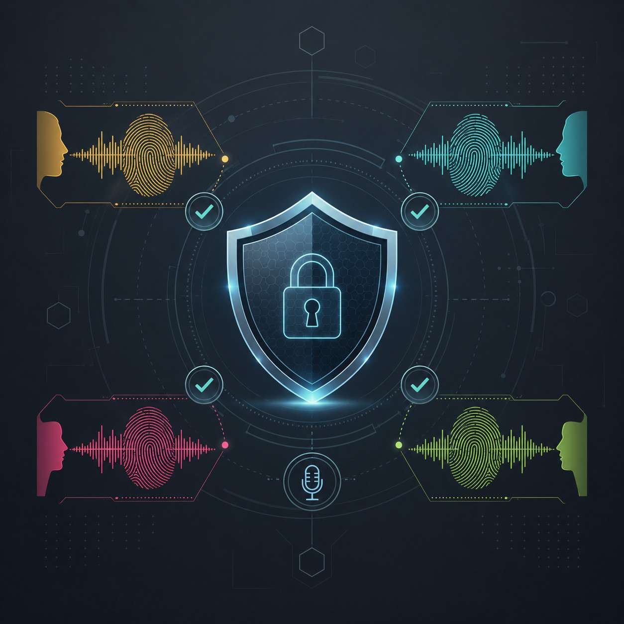 () conceptual illustration of AI voice safety and ethics, showing a digital shield icon at center surrounded by biometric