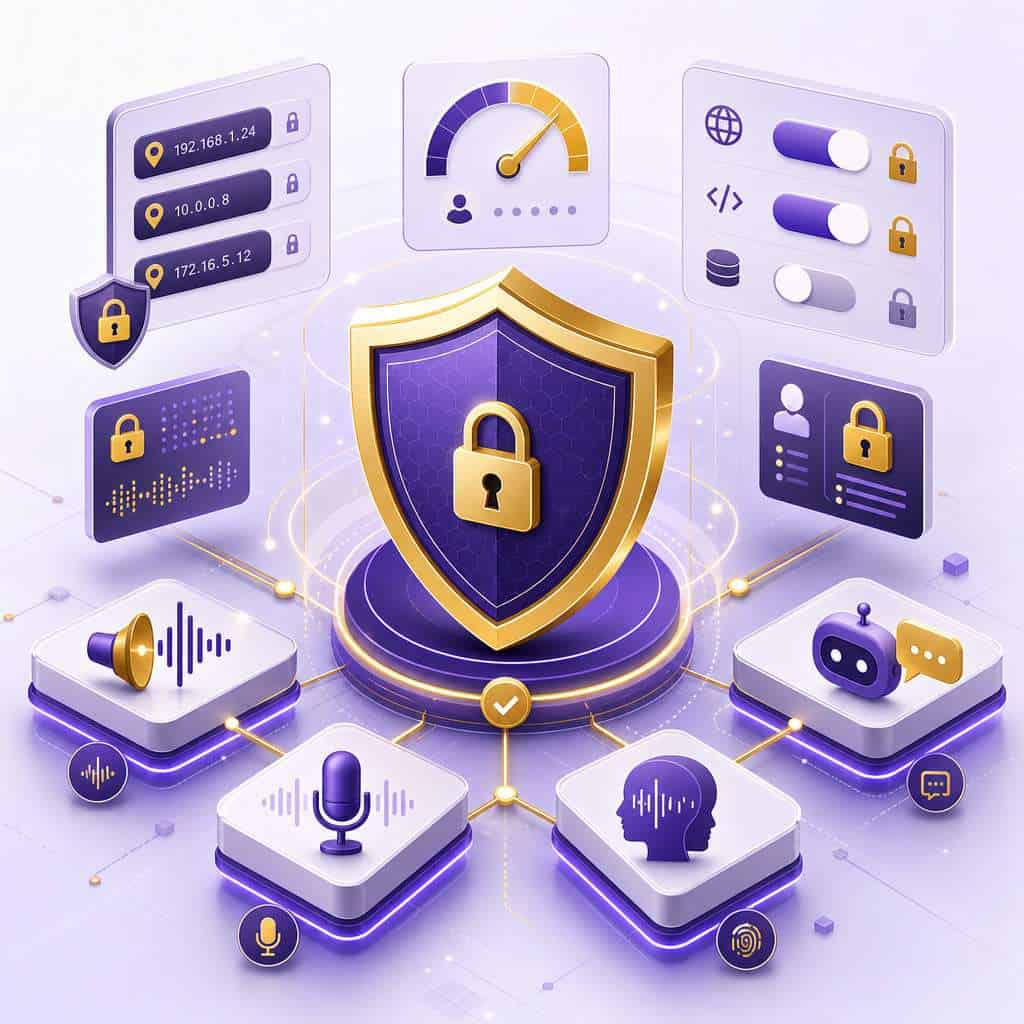 () conceptual illustration of API security and privacy practices: a shield icon at center surrounded by floating elements