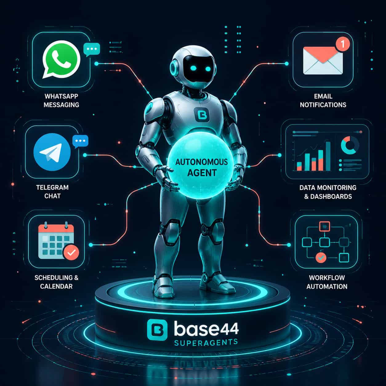 () conceptual illustration of Base44 Superagents feature. A central humanoid robot figure in teal and silver stands on a