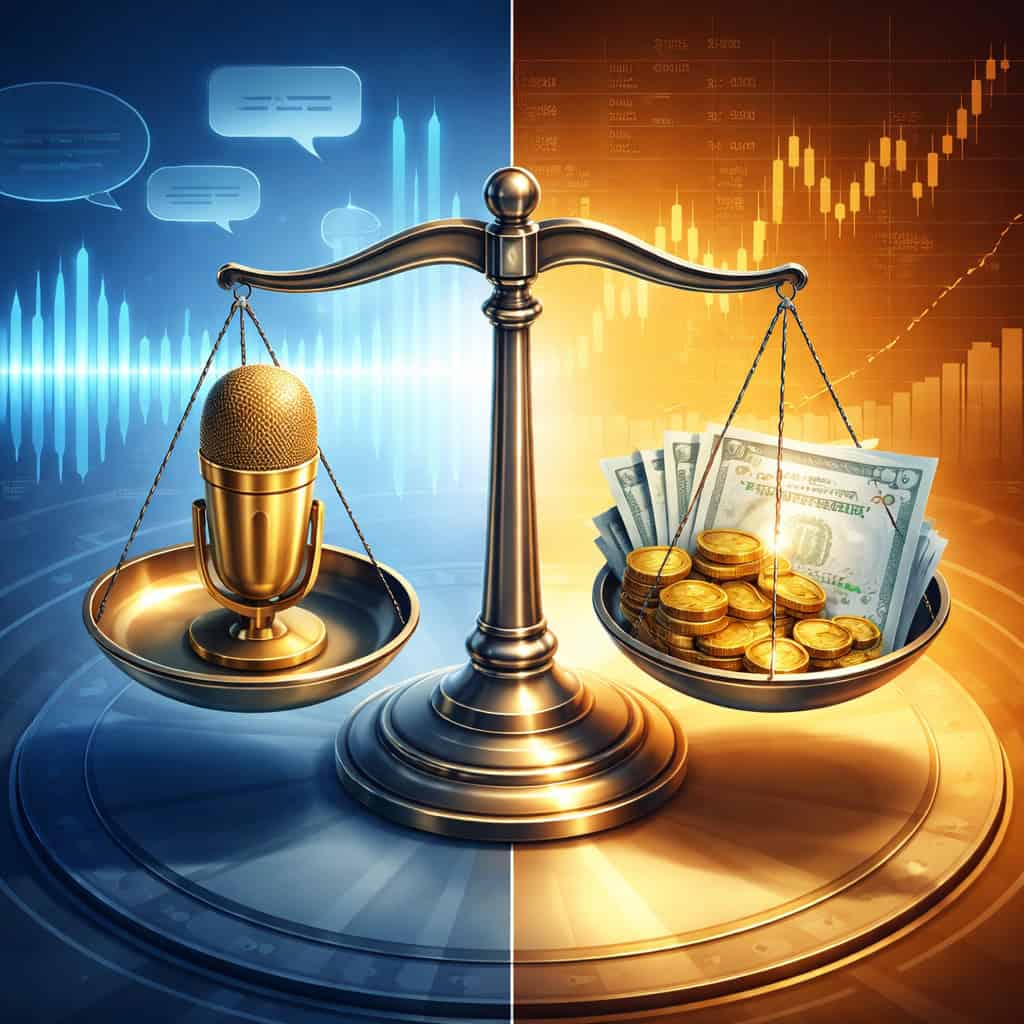 () conceptual illustration of a balanced scale in a modern financial setting. On one side sits a golden microphone