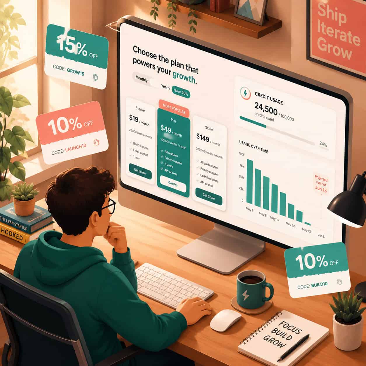 () conceptual illustration of a person at a desk comparing pricing plans on a large monitor screen, with floating discount