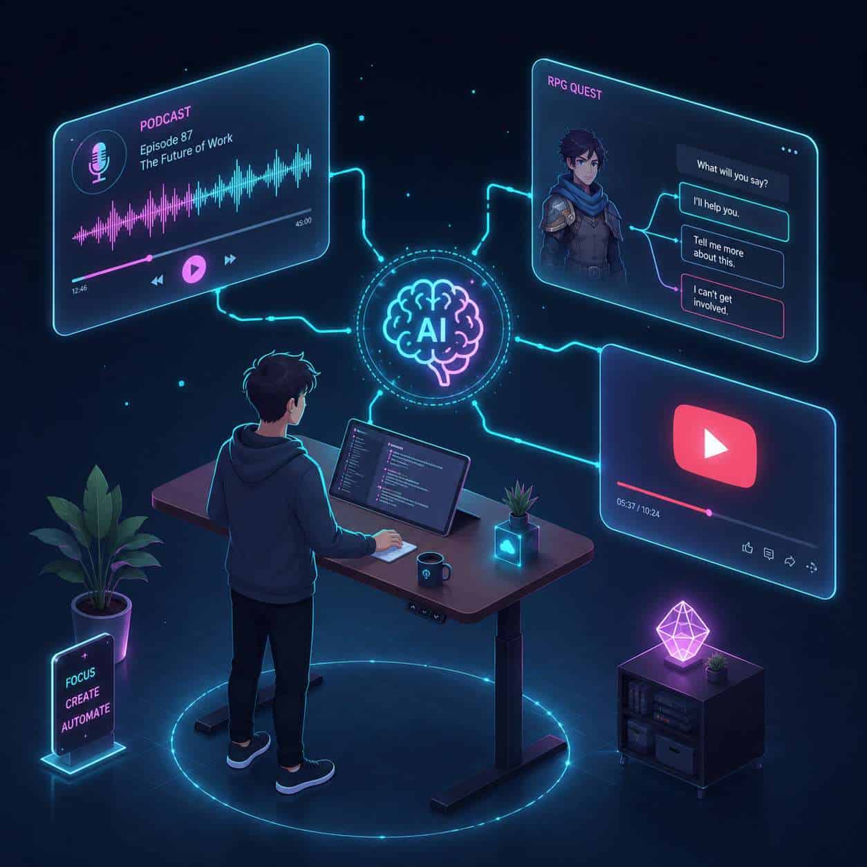 () conceptual illustration of a person at a standing desk with multiple floating holographic screens around them showing
