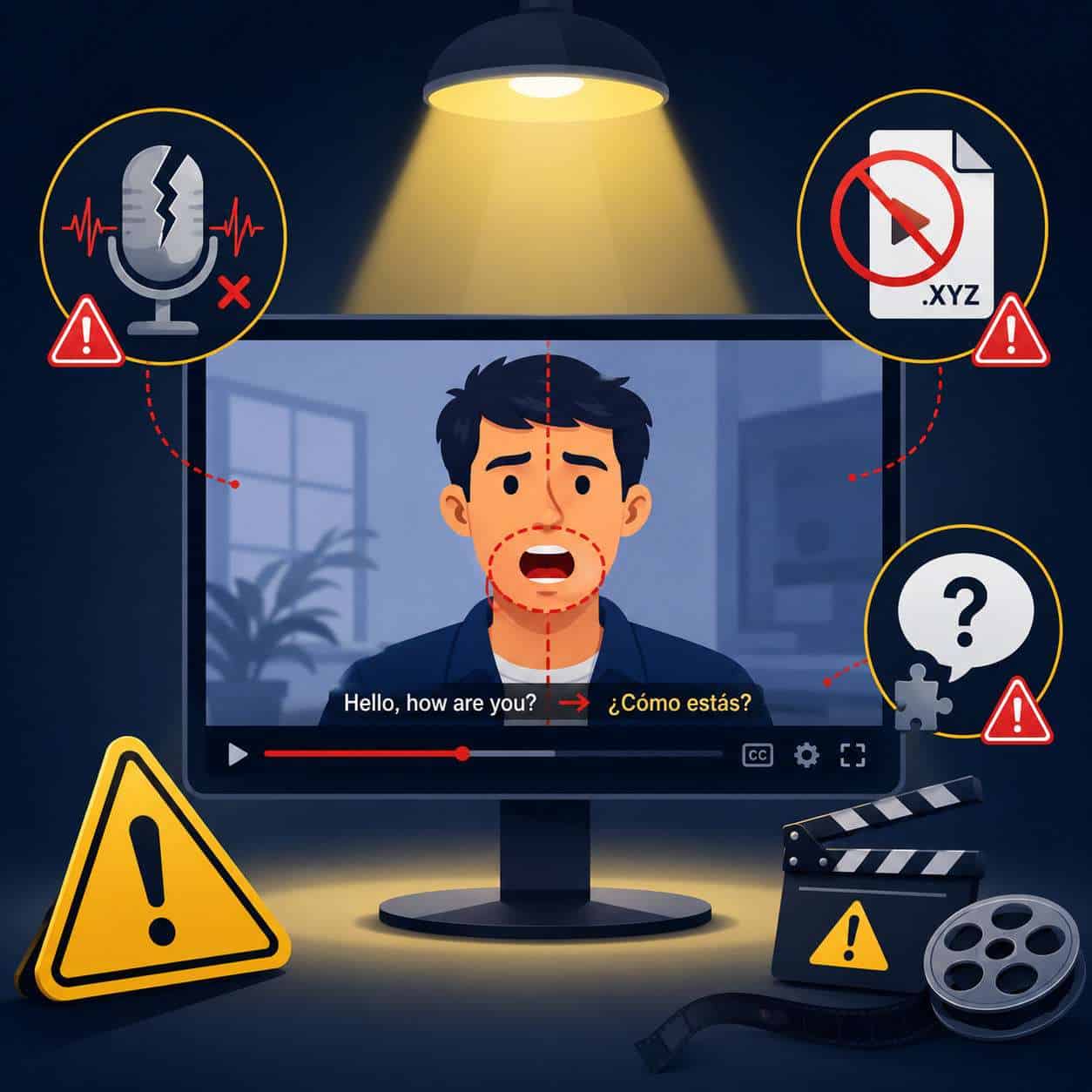 () conceptual illustration of common video translation mistakes: a central monitor displays a video with visible lip-sync