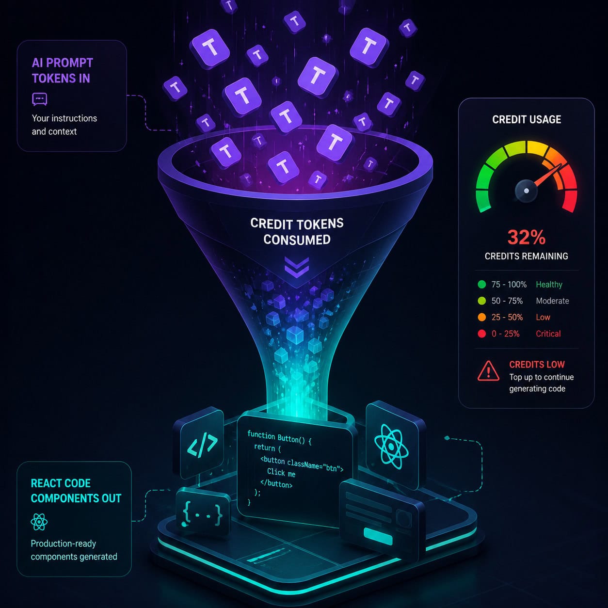 () conceptual illustration of credit tokens being consumed by code generation, showing a funnel visualization where AI