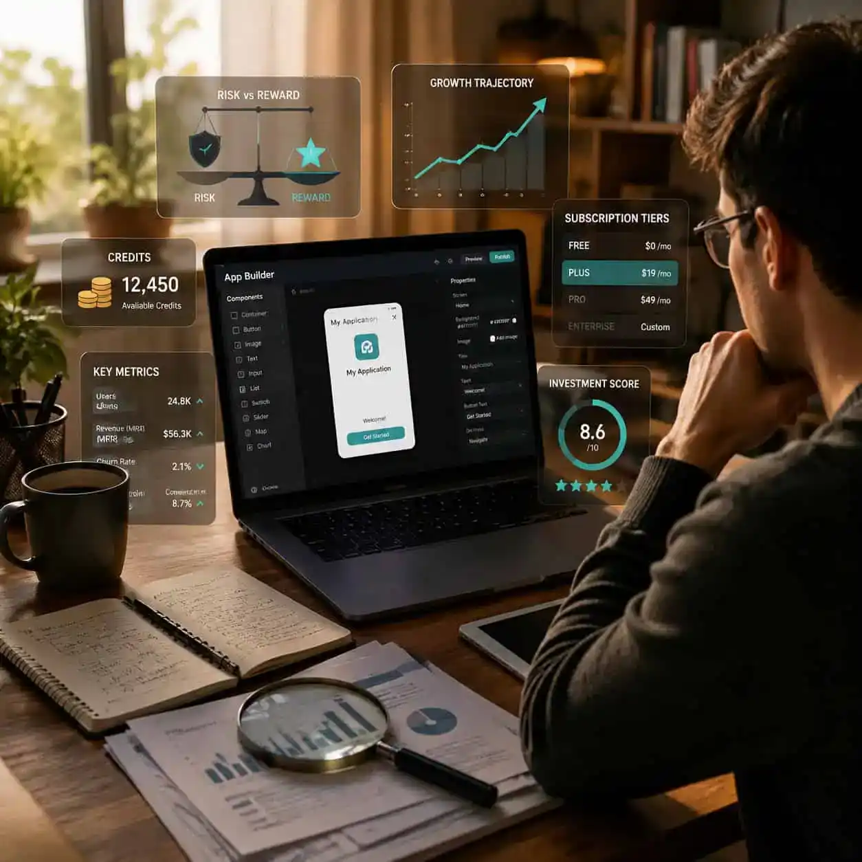 () conceptual illustration of investment evaluation for a tech platform. Shows a person at a desk reviewing a laptop screen