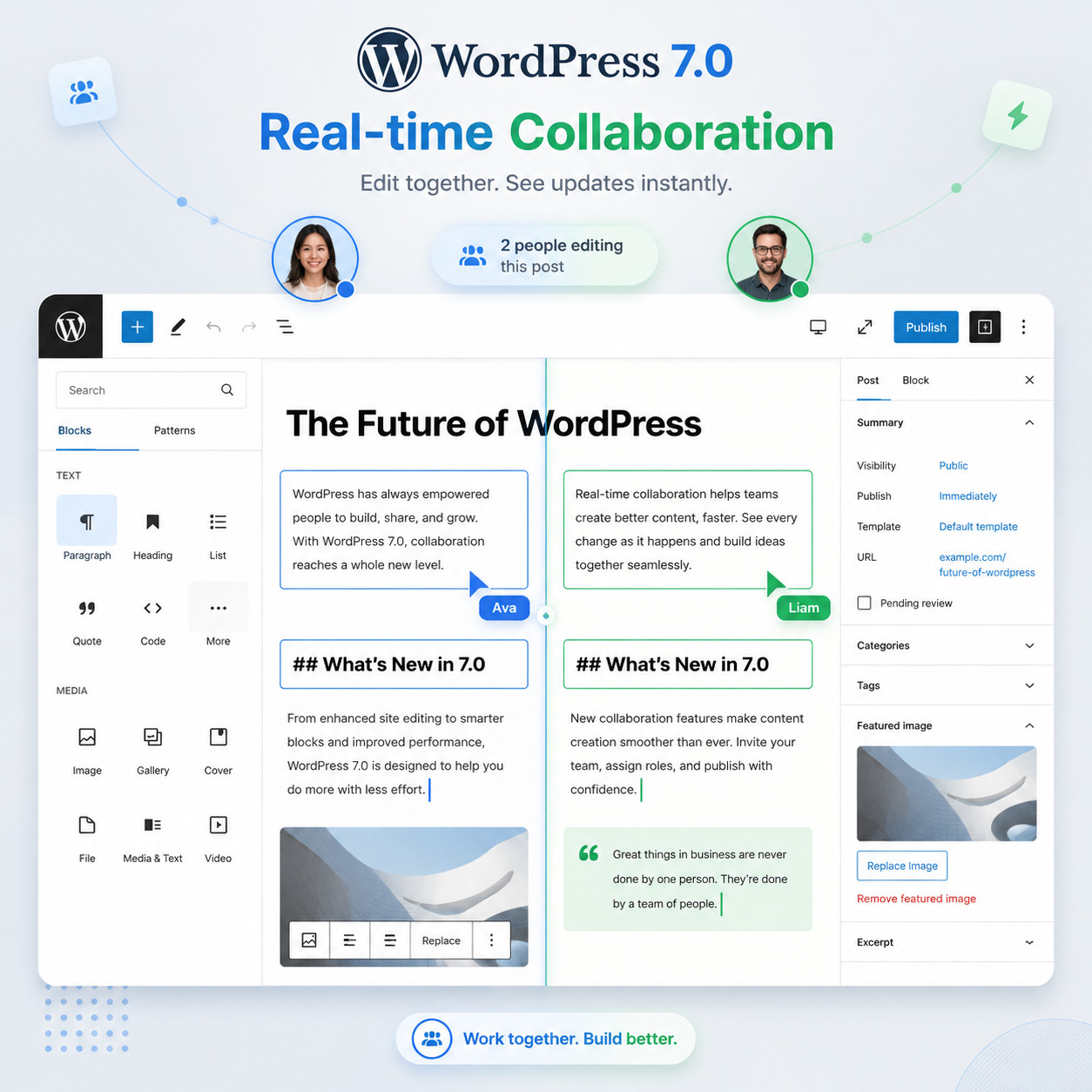 () conceptual illustration of real-time collaboration in WordPress 7.0. Split screen showing two different users editing the