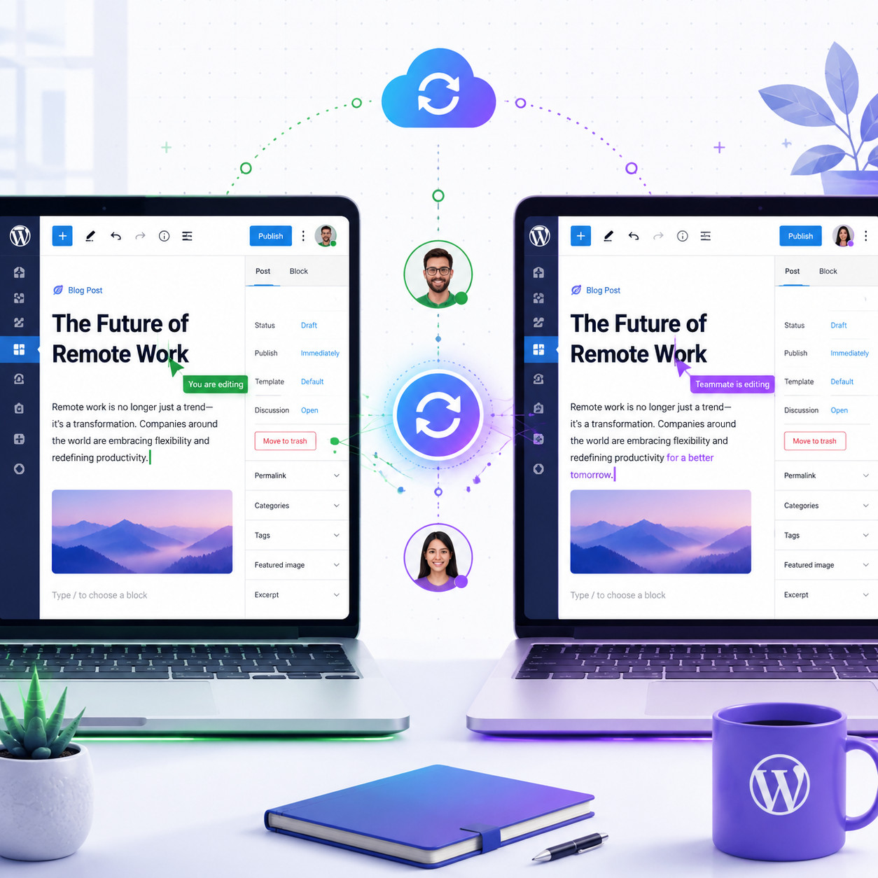 () conceptual illustration of real-time collaboration in action: a split-screen view showing two laptop screens side by