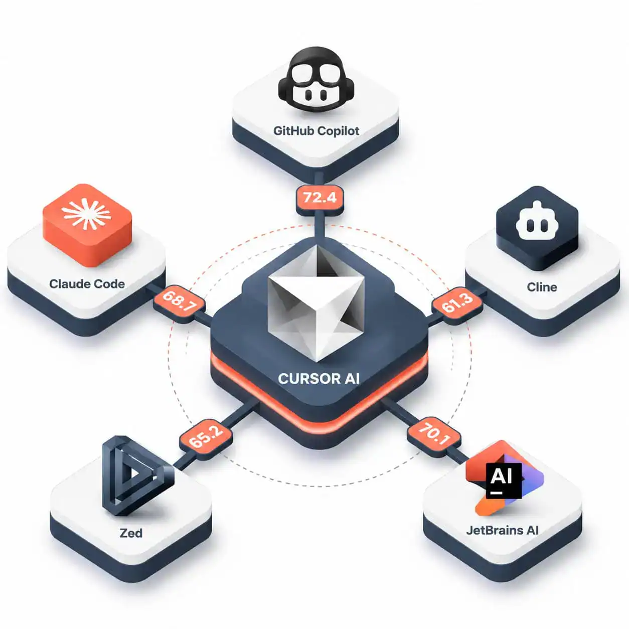 () conceptual illustration showing Cursor AI at the center of a hub-and-spoke diagram, with spokes connecting to competitor