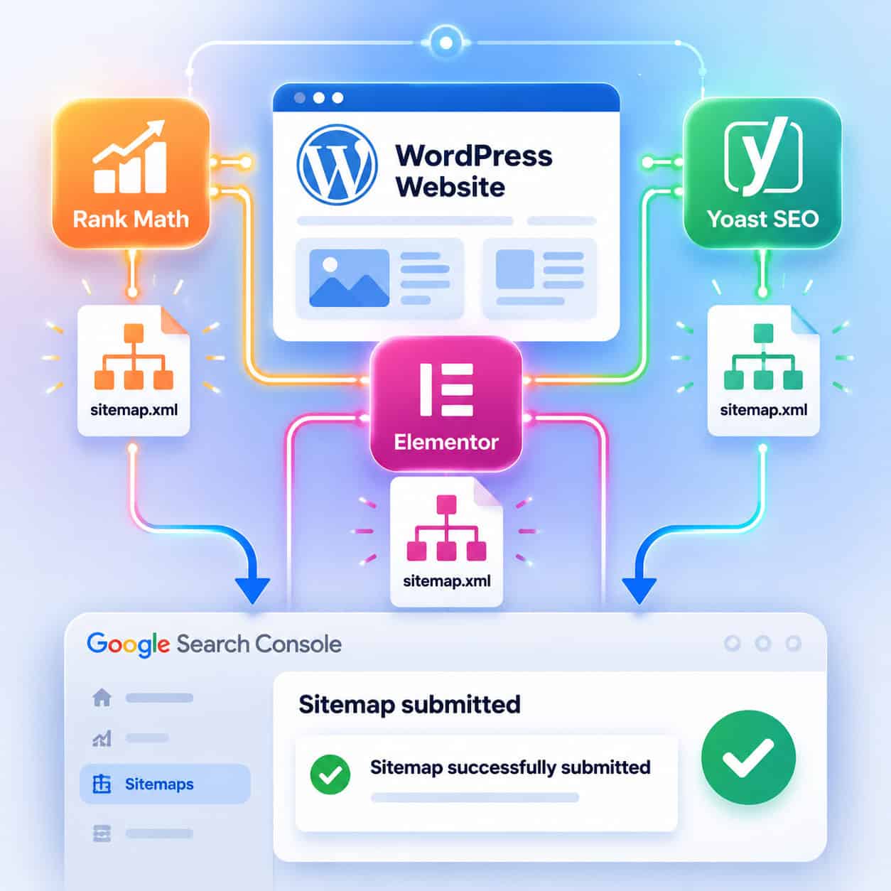 () conceptual illustration showing a WordPress website at the center connected by glowing lines to three plugin icons: Rank