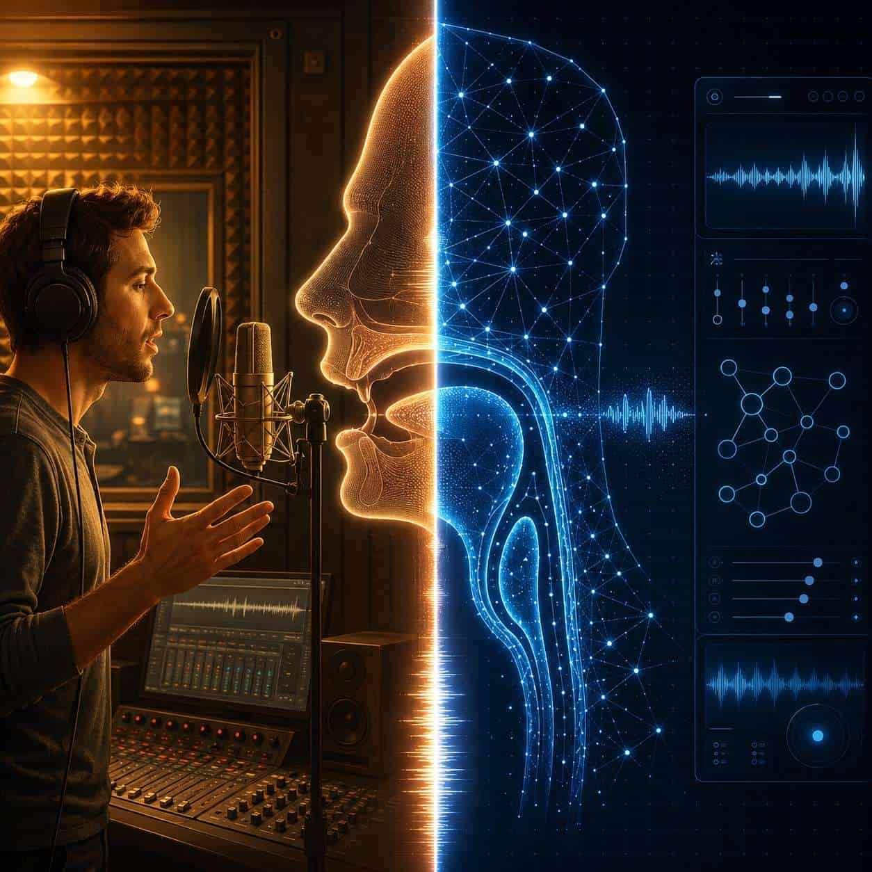 () conceptual illustration showing a cross-section comparison diagram: on the left side a traditional recording studio with