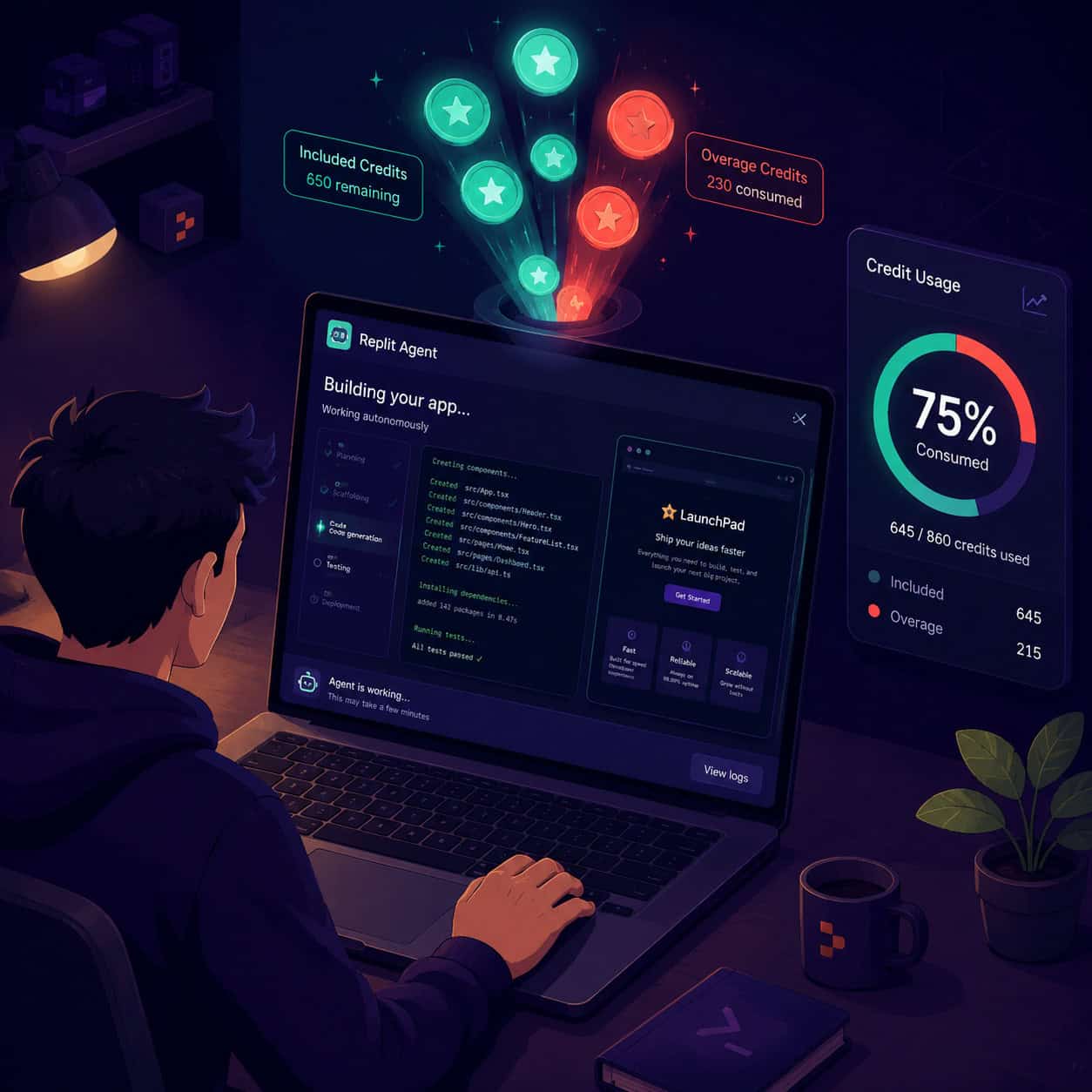 () conceptual illustration showing a developer at a desk with a laptop screen displaying Replit Agent building an app