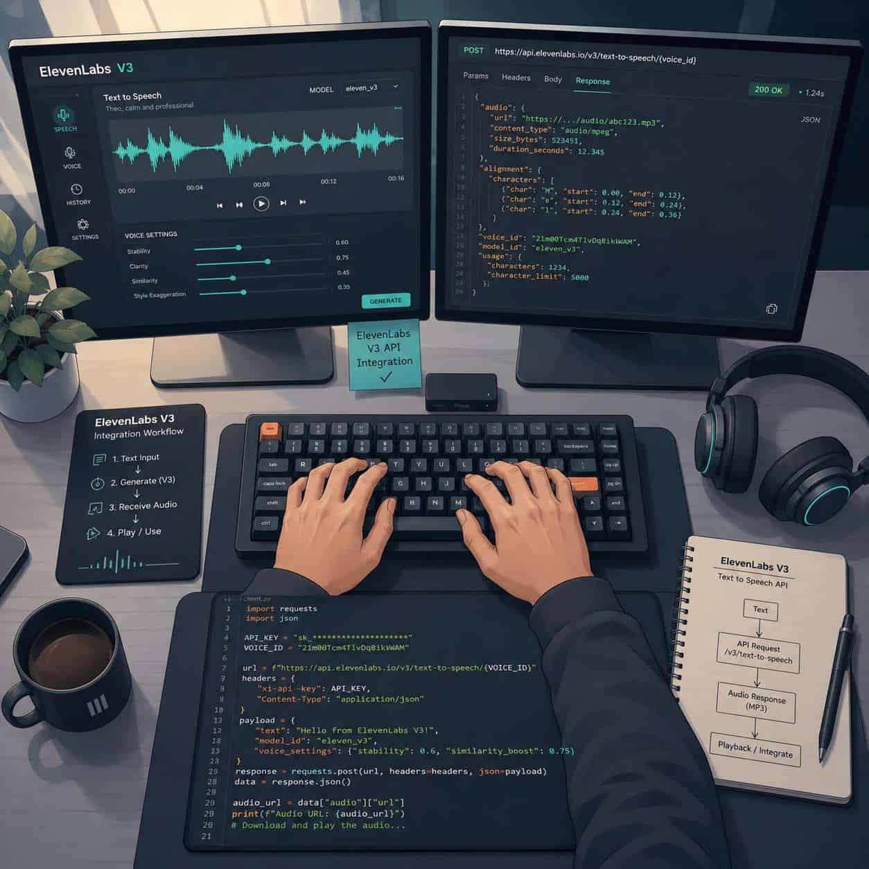 () conceptual illustration showing a developer workspace from above with dual monitors displaying audio waveform editors and