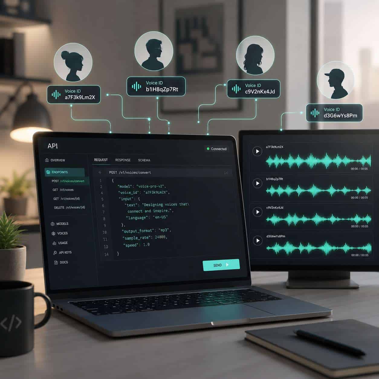 () conceptual illustration showing a developer's laptop screen displaying an API code editor with voice waveform