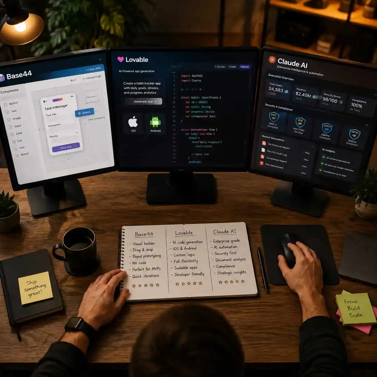 () conceptual illustration showing a developer's workspace from bird's eye view with three monitors displaying different