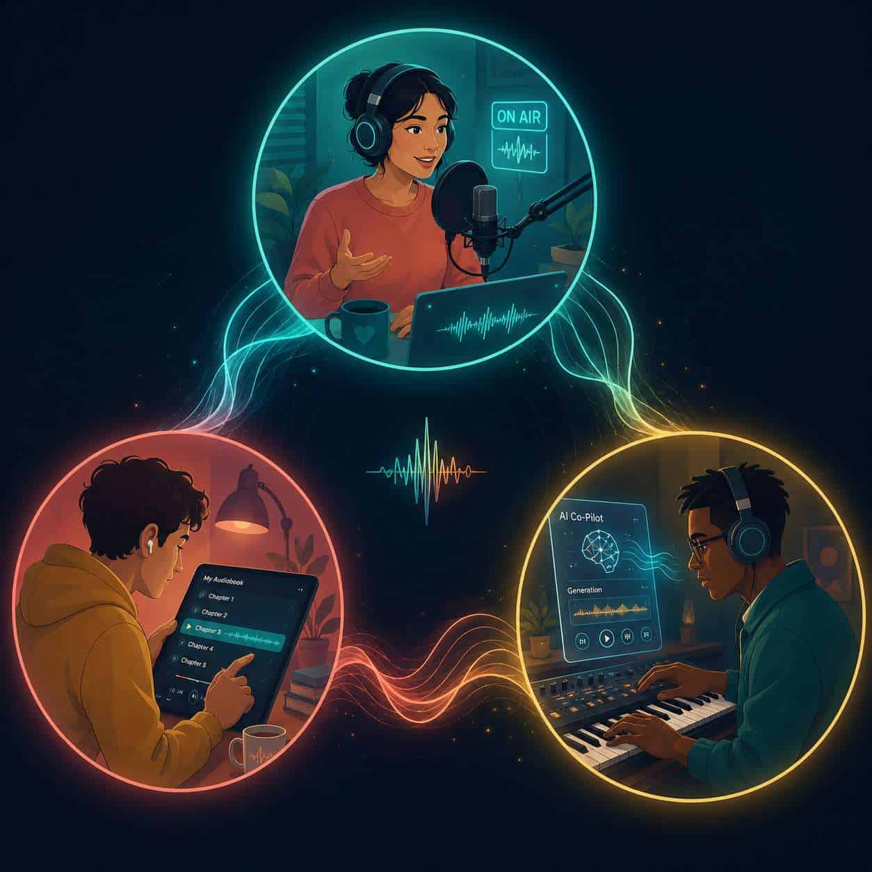() conceptual illustration showing a diverse group of three people each in their own glowing circular vignette: one