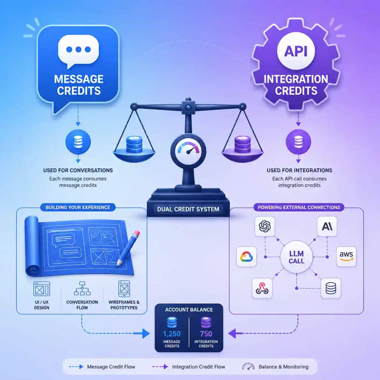 () conceptual illustration showing a dual-credit system visualization. Left side shows a speech bubble icon labeled 'Message