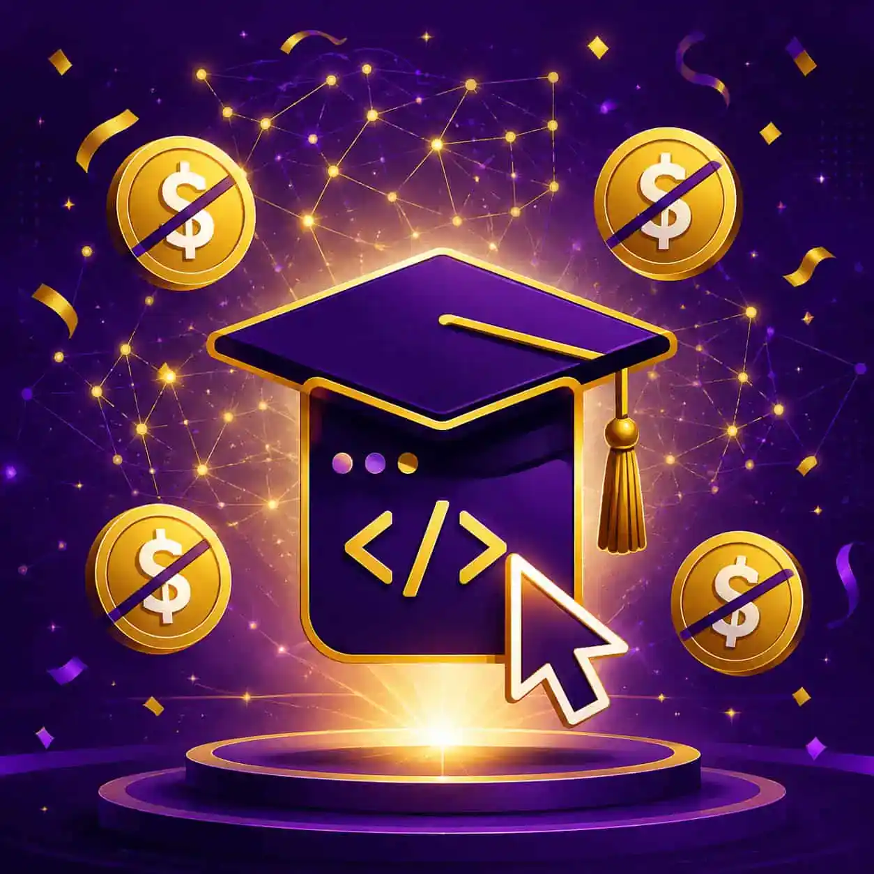 () conceptual illustration showing a graduation cap merged with a code editor cursor icon, surrounded by floating dollar