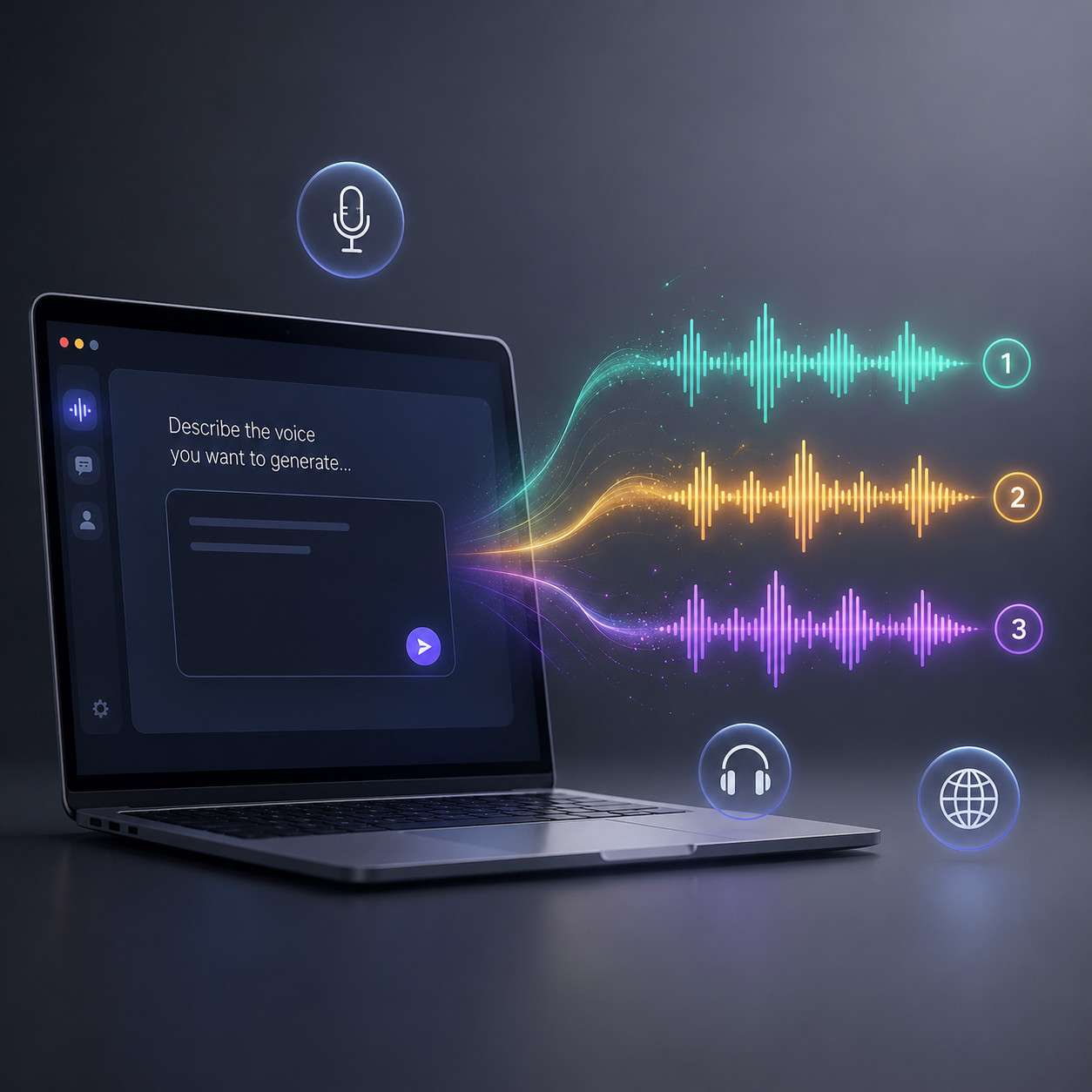 () conceptual illustration showing a laptop screen displaying a text prompt box on the left side, with colorful sound waves