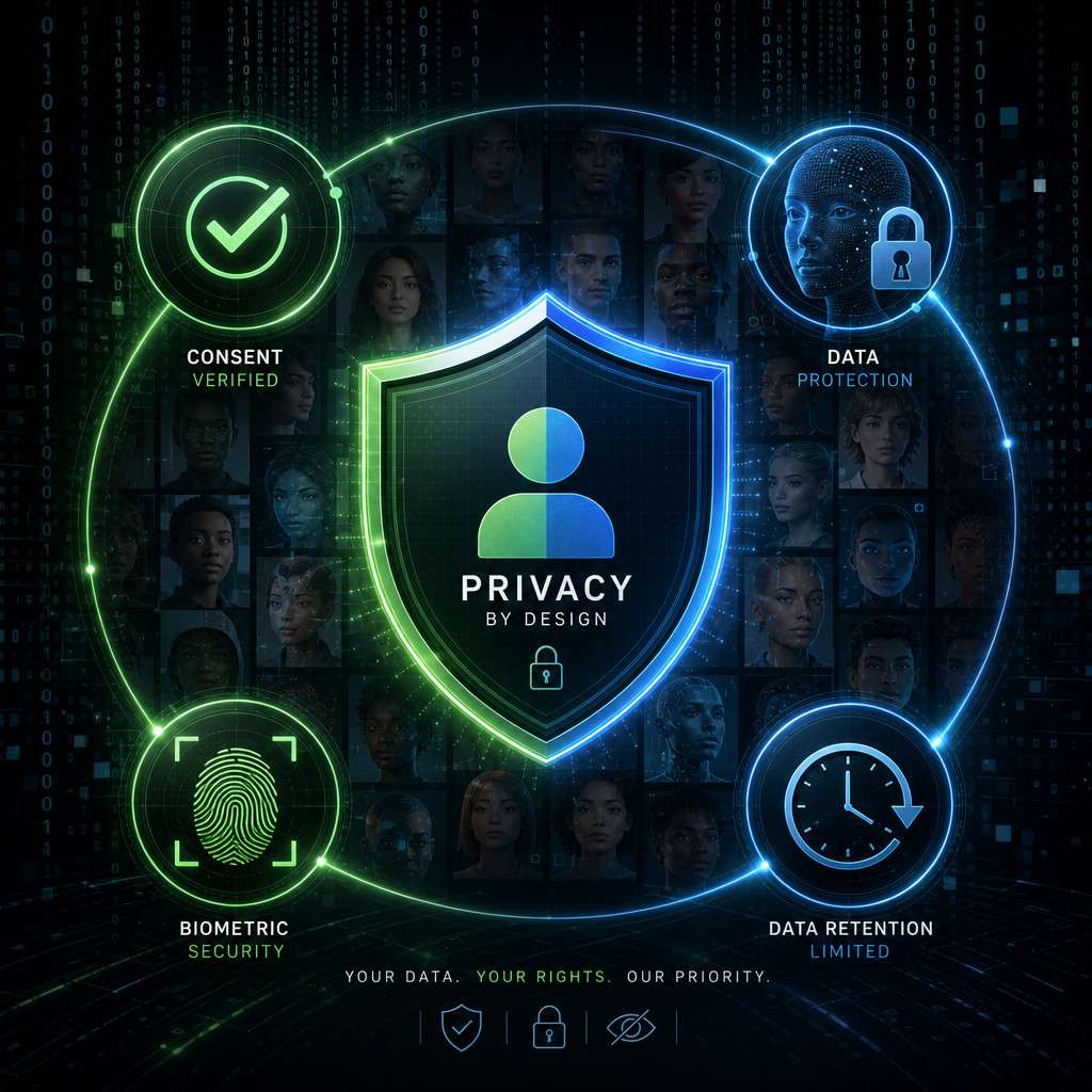 () conceptual illustration showing a shield-shaped privacy icon at center surrounded by orbiting elements: a consent