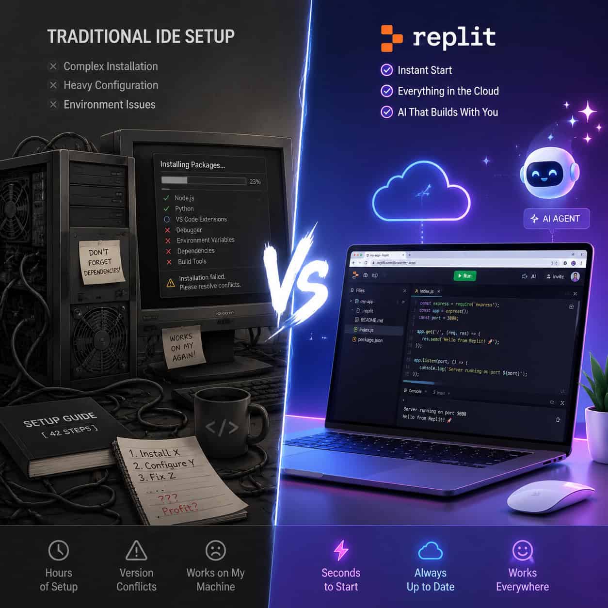 () conceptual illustration showing a split-screen comparison: left side shows a traditional local IDE setup with heavy
