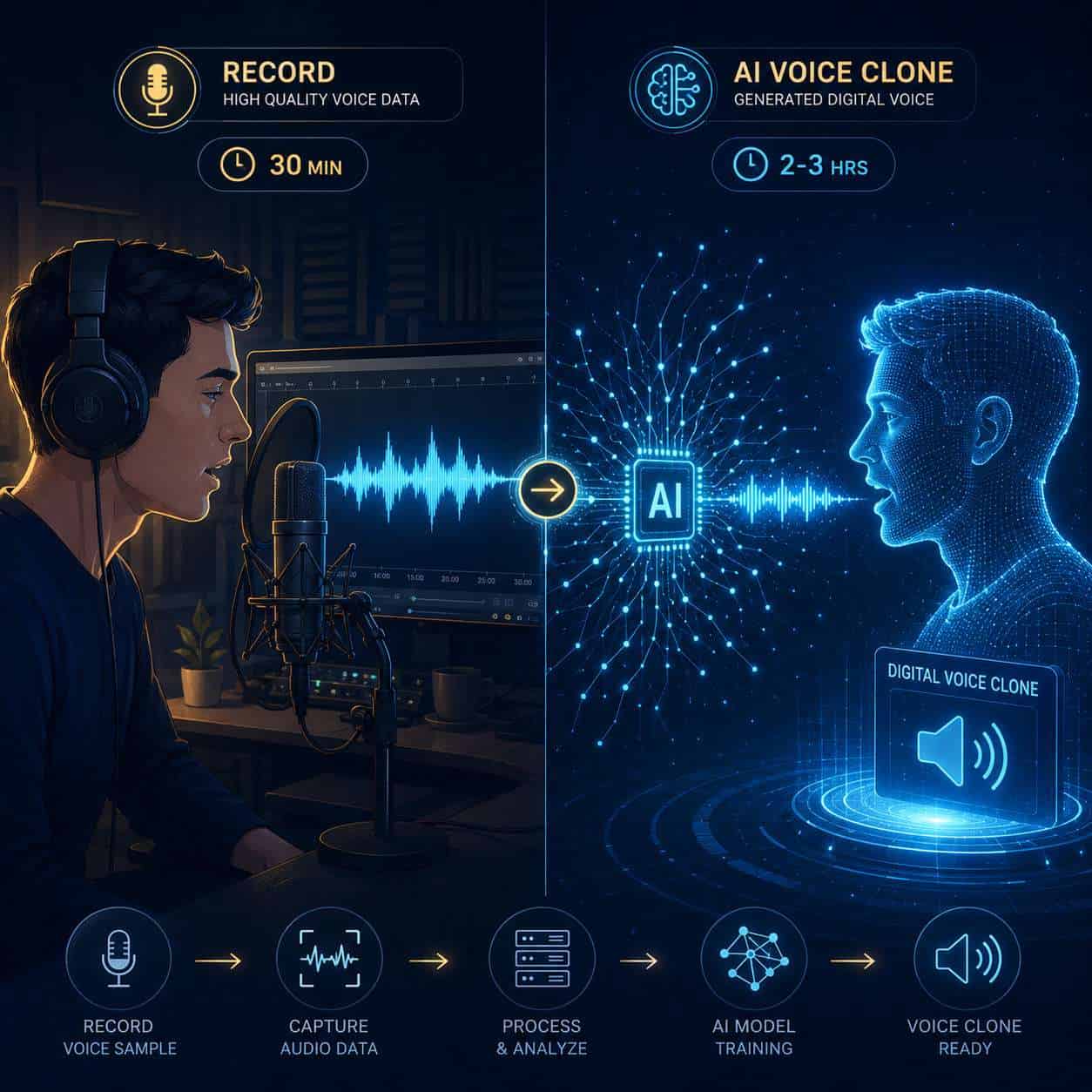 () conceptual illustration showing a split-screen comparison: on the left, a person recording into a professional studio