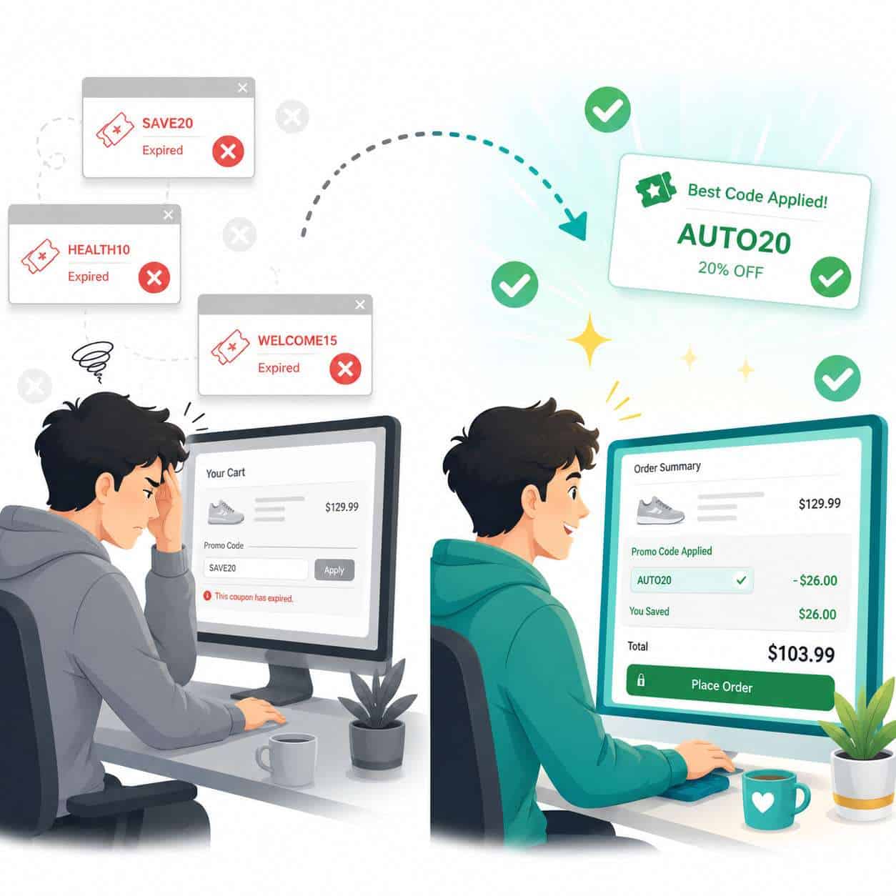 () conceptual illustration showing a split-screen comparison: on the left side, a frustrated person at a computer with red X
