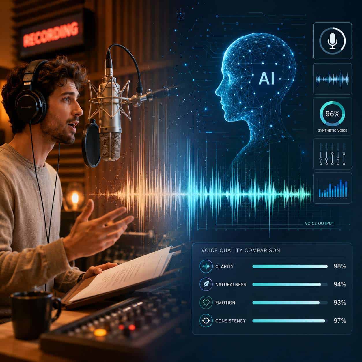 () conceptual illustration showing a split-screen comparison: on the left side a human voice actor speaking into a vintage