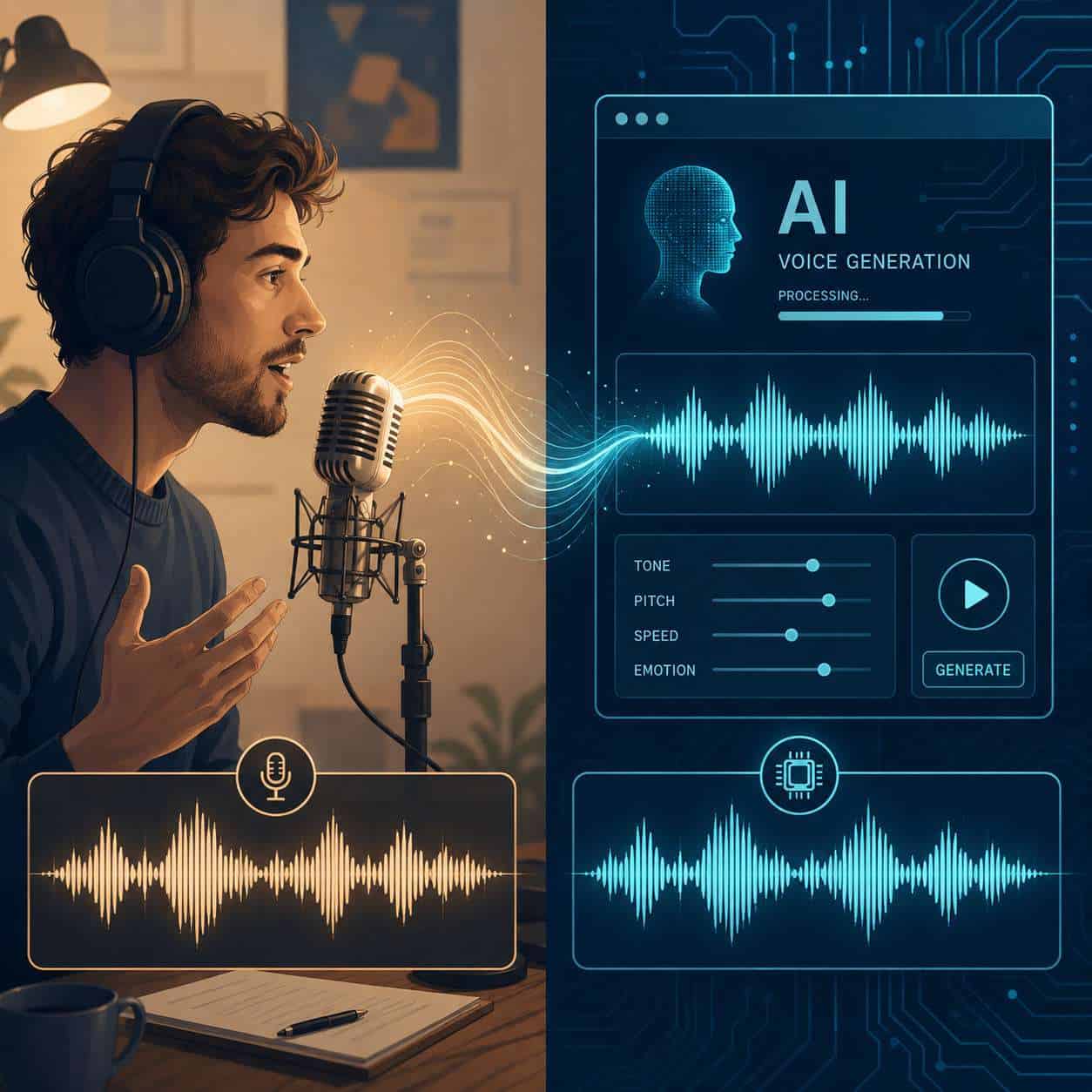 () conceptual illustration showing a split-screen comparison: on the left side a human voice actor speaking into a vintage