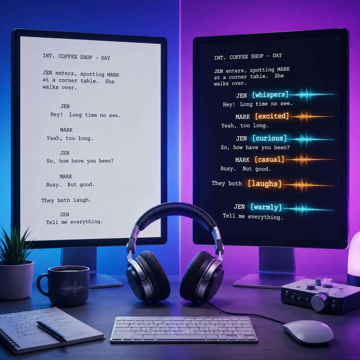 () conceptual illustration showing a split-screen comparison: on the left side a plain flat text script on a monitor, on the